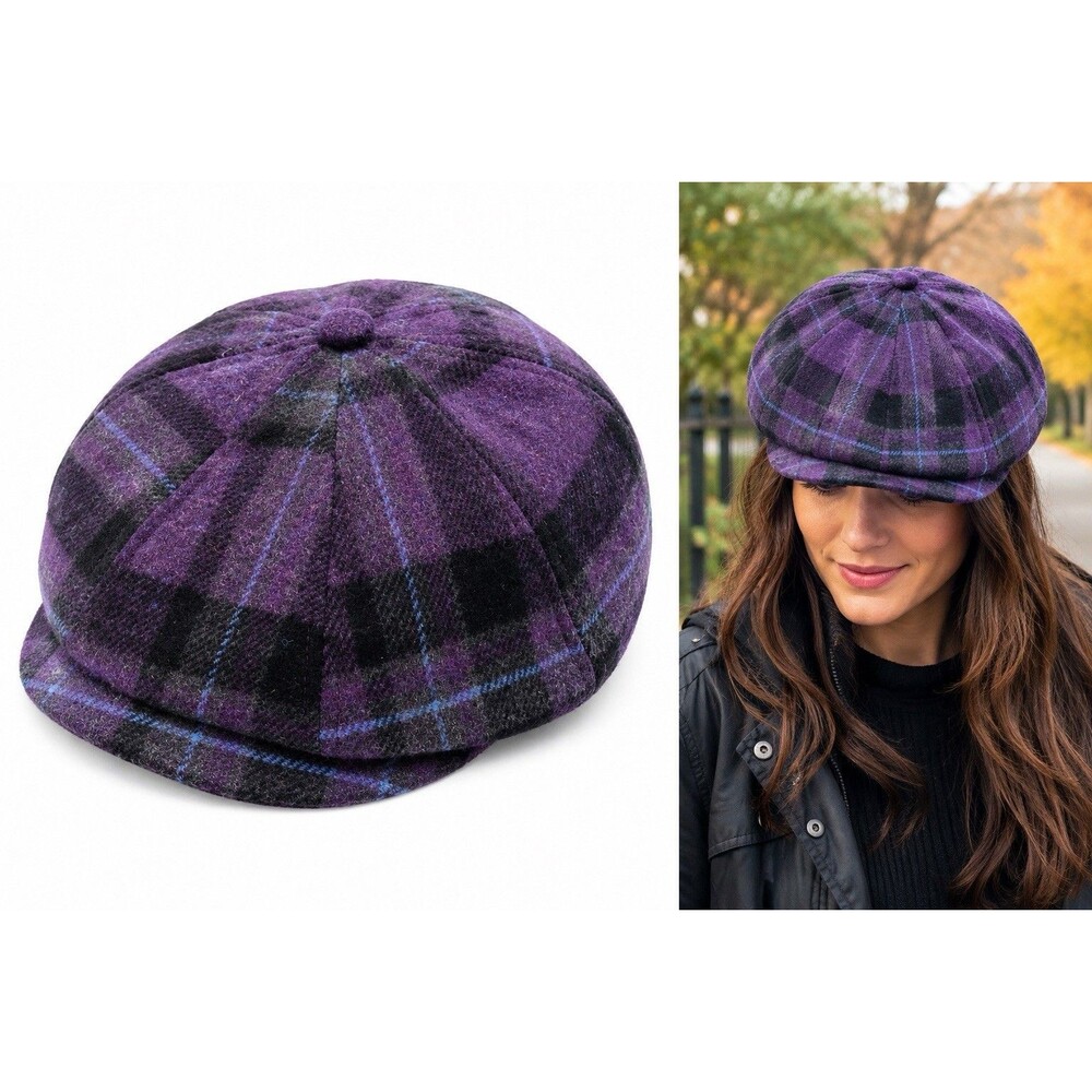 Boston Scally Co Purple Plaid Newsboy Scally Cap Hat Size Small Wool Blend